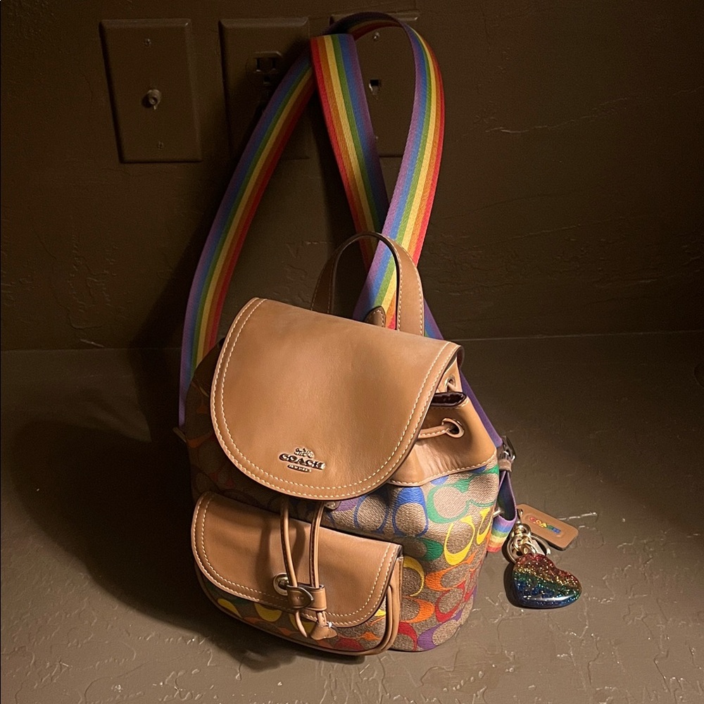 Coach Rainbow Logo Canvas Mini Backpack with Tan Leather Trim